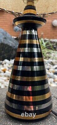 Pair Vintage 1950s Black Gold Silver Striped Ceramic Lamps Fiberglass Shades MCM