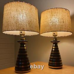 Pair Vintage 1950s Black Gold Silver Striped Ceramic Lamps Fiberglass Shades MCM