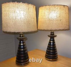 Pair Vintage 1950s Black Gold Silver Striped Ceramic Lamps Fiberglass Shades MCM