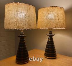 Pair Vintage 1950s Black Gold Silver Striped Ceramic Lamps Fiberglass Shades MCM