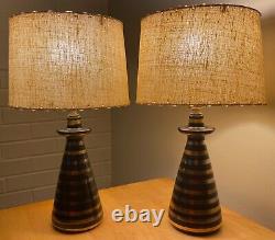 Pair Vintage 1950s Black Gold Silver Striped Ceramic Lamps Fiberglass Shades MCM