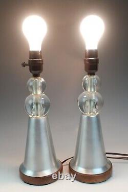 Pair Vintage Aluminum Lucite Table Lamp Mid-Century Modern Machine Age Art Deco