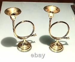 Pair Vintage Antique Brass Trumpet Figural Candlestick Candelabra Candle Holder