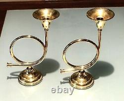 Pair Vintage Antique Brass Trumpet Figural Candlestick Candelabra Candle Holder