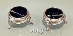 Pair Vintage Antique England Sterling Silver Cobalt Insert Salt Sellar Spoons