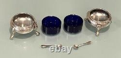 Pair Vintage Antique England Sterling Silver Cobalt Insert Salt Sellar Spoons