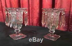 Pair Vintage Antique Heisey Art Glass Candelabra Candlesticks Vases W Prisms