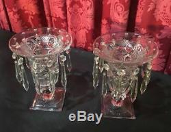 Pair Vintage Antique Heisey Art Glass Candelabra Candlesticks Vases W Prisms