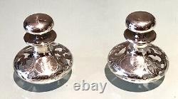Pair Vintage Antique Sterling Silver Overlay Parfume Flask Bottle Decanter Jar