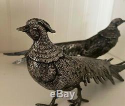 Pair Vintage Art Deco Silver Metal Peacocks, Pheasants, Bird Figurines 12