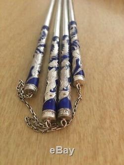Pair Vintage Chinese Chopsticks Pure. 999 Silver & Blue Enamel Phoenix Fenghuang