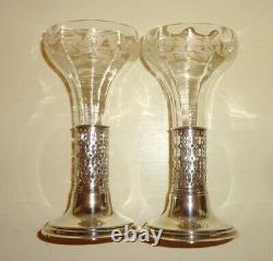 Pair Vintage Elegant Etched Glass & Pierced Sterling Silver Epergne Vases
