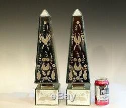 Pair Vintage Etched Mirrored Obelisks Italian Glass Venetian Antique Style