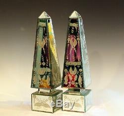 Pair Vintage Etched Mirrored Obelisks Italian Glass Venetian Antique Style