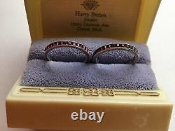 Pair Vintage Eternity Etched Bands 935 Silver Square Red Stones