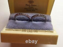 Pair Vintage Eternity Etched Bands 935 Silver Square Red Stones