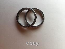 Pair Vintage Eternity Etched Bands 935 Silver Square Red Stones