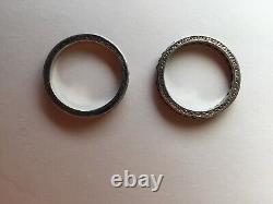 Pair Vintage Eternity Etched Bands 935 Silver Square Red Stones