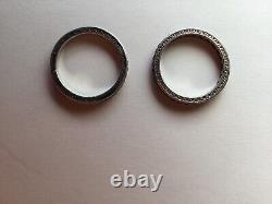 Pair Vintage Eternity Etched Bands 935 Silver Square Red Stones