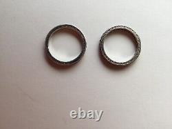 Pair Vintage Eternity Etched Bands 935 Silver Square Red Stones