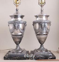 Pair Vintage Goat's Head Urn Table Lamps Silver Plate Neoclassical French Empire