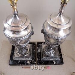 Pair Vintage Goat's Head Urn Table Lamps Silver Plate Neoclassical French Empire