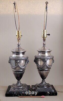 Pair Vintage Goat's Head Urn Table Lamps Silver Plate Neoclassical French Empire