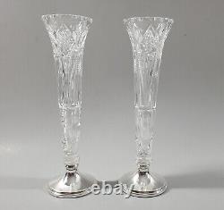 Pair Vintage Hawkes Sterling Silver Cut Crystal Glass Fluted Vase 9 1/2