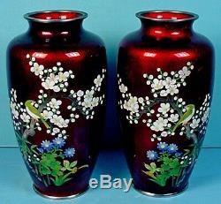 Pair Vintage Japanese Akasuke Silver Wire Cloisonne Enamel Cherry Blossom Vases