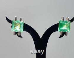 Pair Vintage MCM Modernist Brushed Sterling Silver Green Spinel Studs Earrings