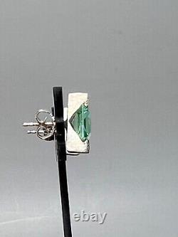 Pair Vintage MCM Modernist Brushed Sterling Silver Green Spinel Studs Earrings