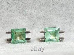 Pair Vintage MCM Modernist Brushed Sterling Silver Green Spinel Studs Earrings