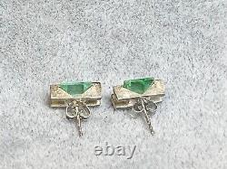 Pair Vintage MCM Modernist Brushed Sterling Silver Green Spinel Studs Earrings