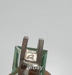 Pair Vintage MCM Modernist Brushed Sterling Silver Green Spinel Studs Earrings