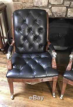 Pair Vintage Maitland Smith Custom Tufted Black Leather Silver Dog Head Chairs