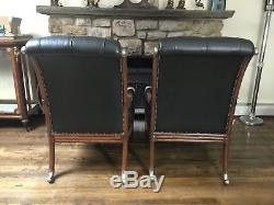 Pair Vintage Maitland Smith Custom Tufted Black Leather Silver Dog Head Chairs