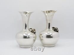 Pair Vintage Mid 20th Century Indonesian Yogya Solid Silver Flower Vases Marked