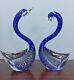 Pair Vintage Murano Formia Art Glass Blue And Silver Swans Statues / Figurines