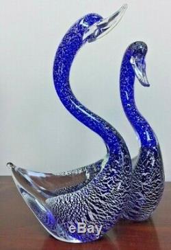 Pair Vintage Murano Formia Art Glass Blue and Silver Swans Statues / Figurines