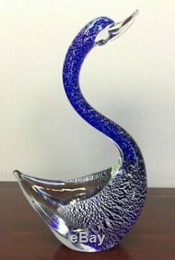 Pair Vintage Murano Formia Art Glass Blue and Silver Swans Statues / Figurines