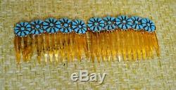 Pair Vintage Native Zuni Sterling Silver Petit Point Turquoise Hair Combs Clip