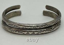 Pair Vintage Navajo Native American Sterling Silver Narrow Ornate Cuff Bracelets