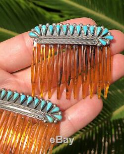 Pair Vintage Navajo Sterling Silver Tear Drop Turquoise Hair Combs Set Barrette
