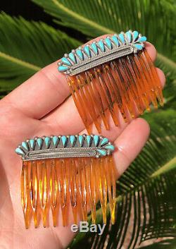 Pair Vintage Navajo Sterling Silver Tear Drop Turquoise Hair Combs Set Barrette