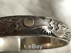 Pair Vintage Oriental Chinese Silver Plate Bracelet Bangles Dragons Repousse