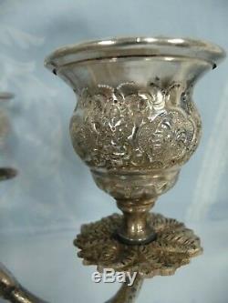 Pair Vintage Persian Silver (84) 4 Arm Candelabra, Signed, Holds 5 Candles Each