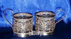 Pair Vintage Russian Silver Plate Filigree Pierced Flowers Ornament Cup Holders