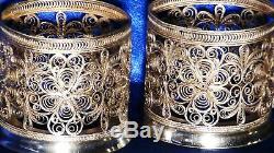 Pair Vintage Russian Silver Plate Filigree Pierced Flowers Ornament Cup Holders