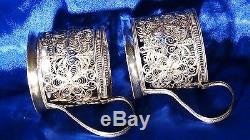 Pair Vintage Russian Silver Plate Filigree Pierced Flowers Ornament Cup Holders