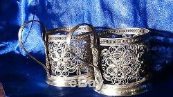 Pair Vintage Russian Silver Plate Filigree Pierced Flowers Ornament Cup Holders